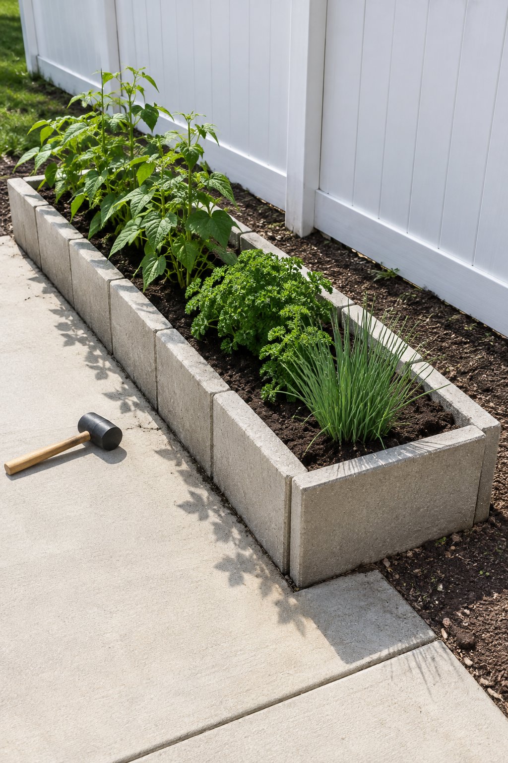 Easy raised vegetable bed edged with concrete pavers set on edge beside a patio, planted with bush beans, parsley and chives, a white vinyl fence behind