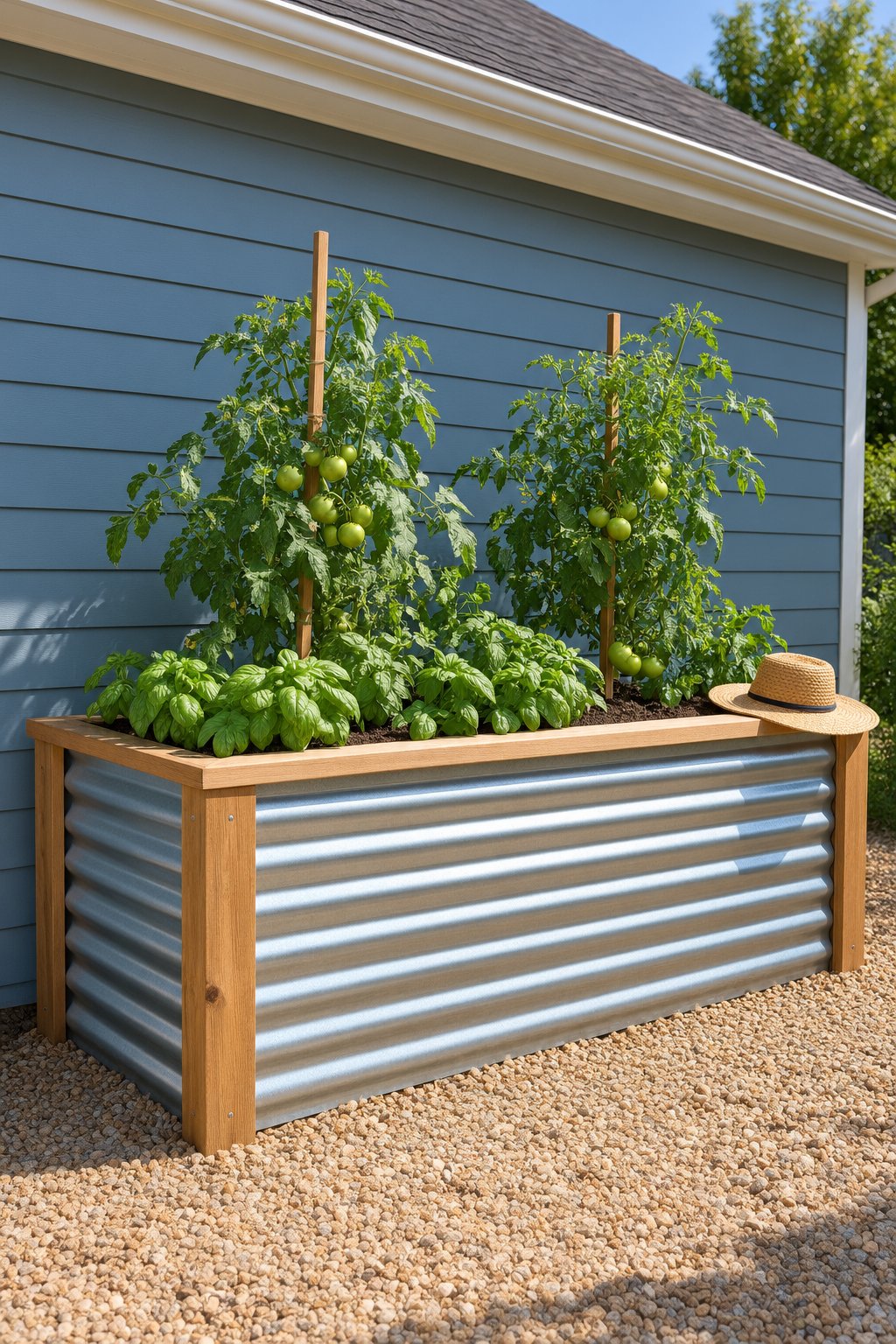 Tall DIY raised garden bed of corrugated metal panels in a wooden frame with a board cap, planted with tomatoes carrying green fruit and basil beside a garage
