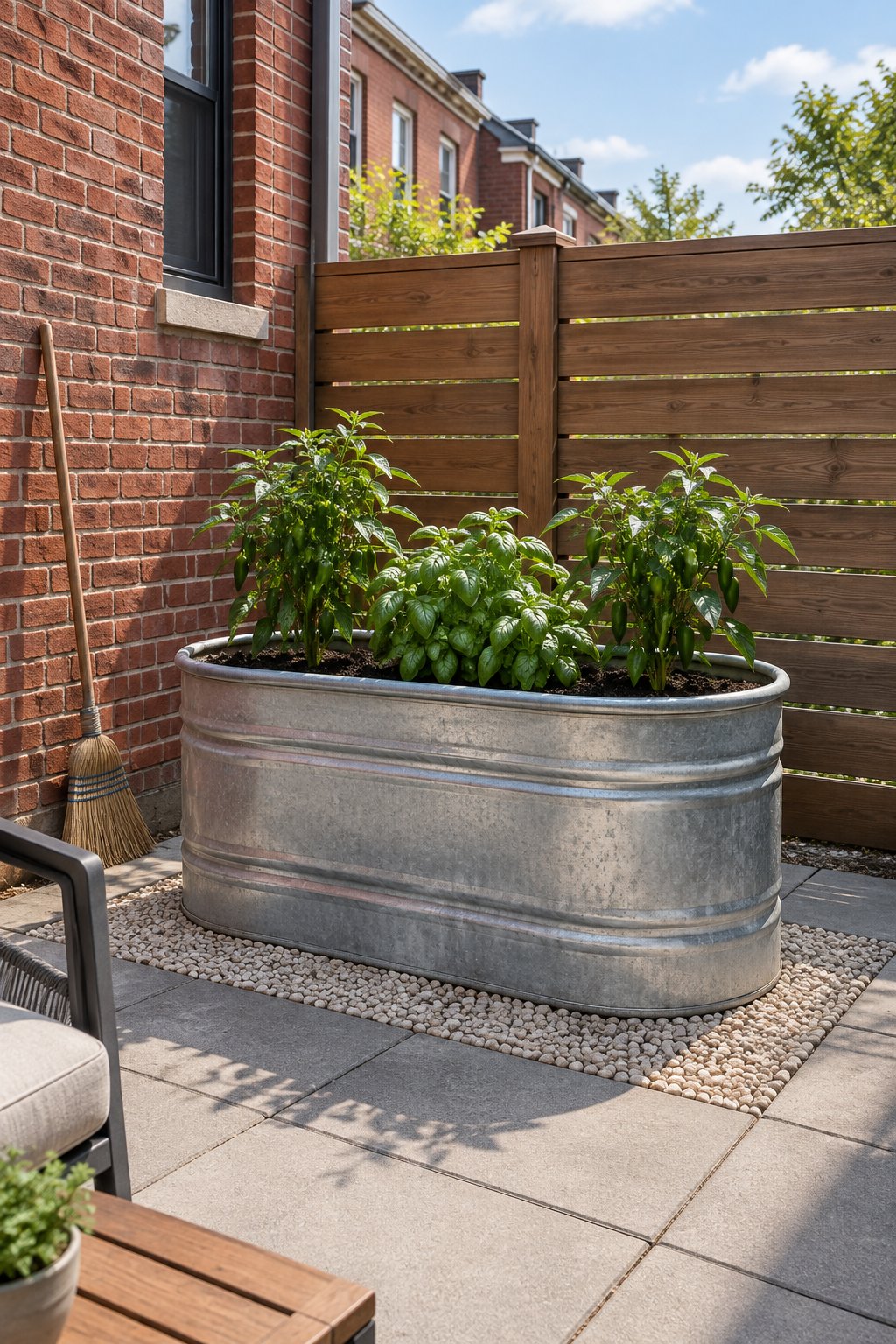 Oval galvanized stock tank used as a raised garden bed on a townhouse patio, planted with peppers and basil in front of a brick wall and a slatted fence panel