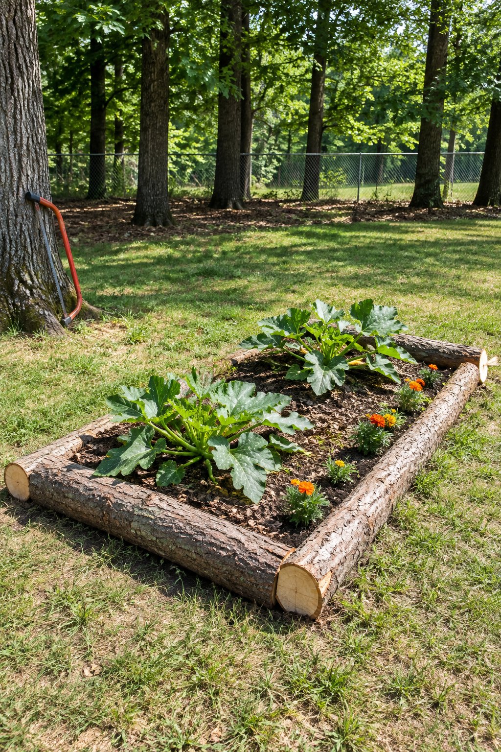 Rustic cheap raised garden bed edged with four bark-on logs, planted with zucchini and marigolds on a lawn with mature trees and a chain-link fence beyond