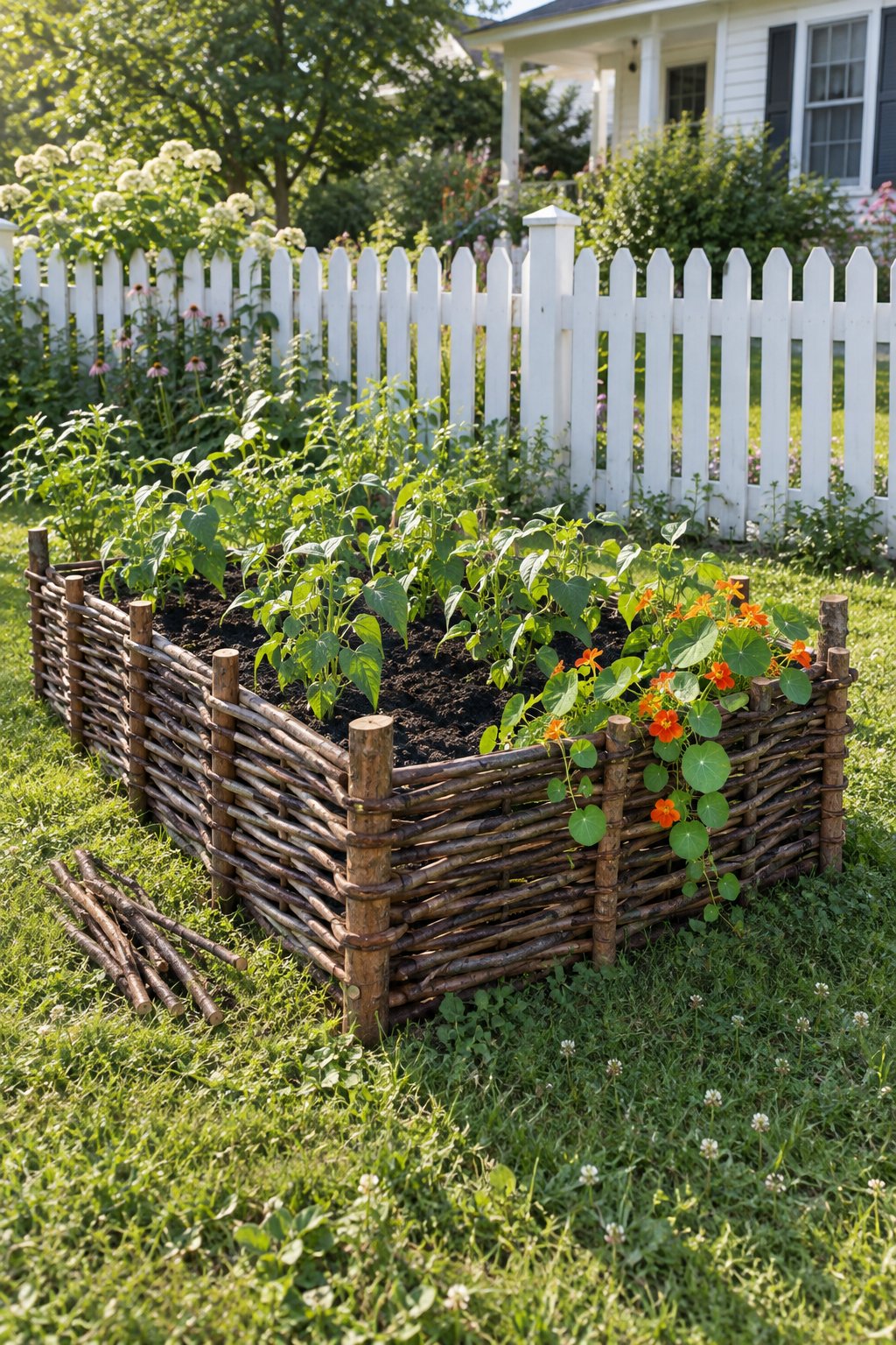 Low woven branch wattle raised garden bed with bush beans and nasturtiums in a bungalow yard, a white picket fence behind