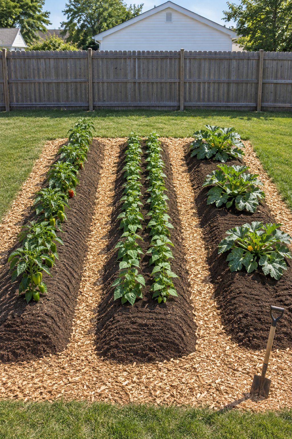 Cheap raised garden beds with no frame, three flat-topped soil mounds with wood-chip paths planted with peppers, bush beans and zucchini in an open backyard