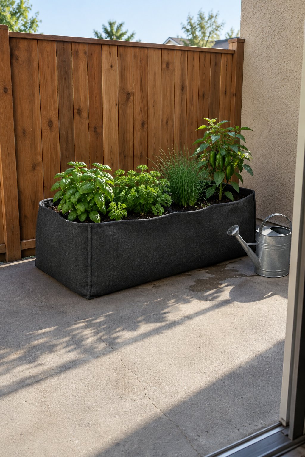 Dark fabric raised garden bed on a small rental patio planted with basil, parsley, chives and one pepper plant, a watering can beside it and a wooden privacy screen behind