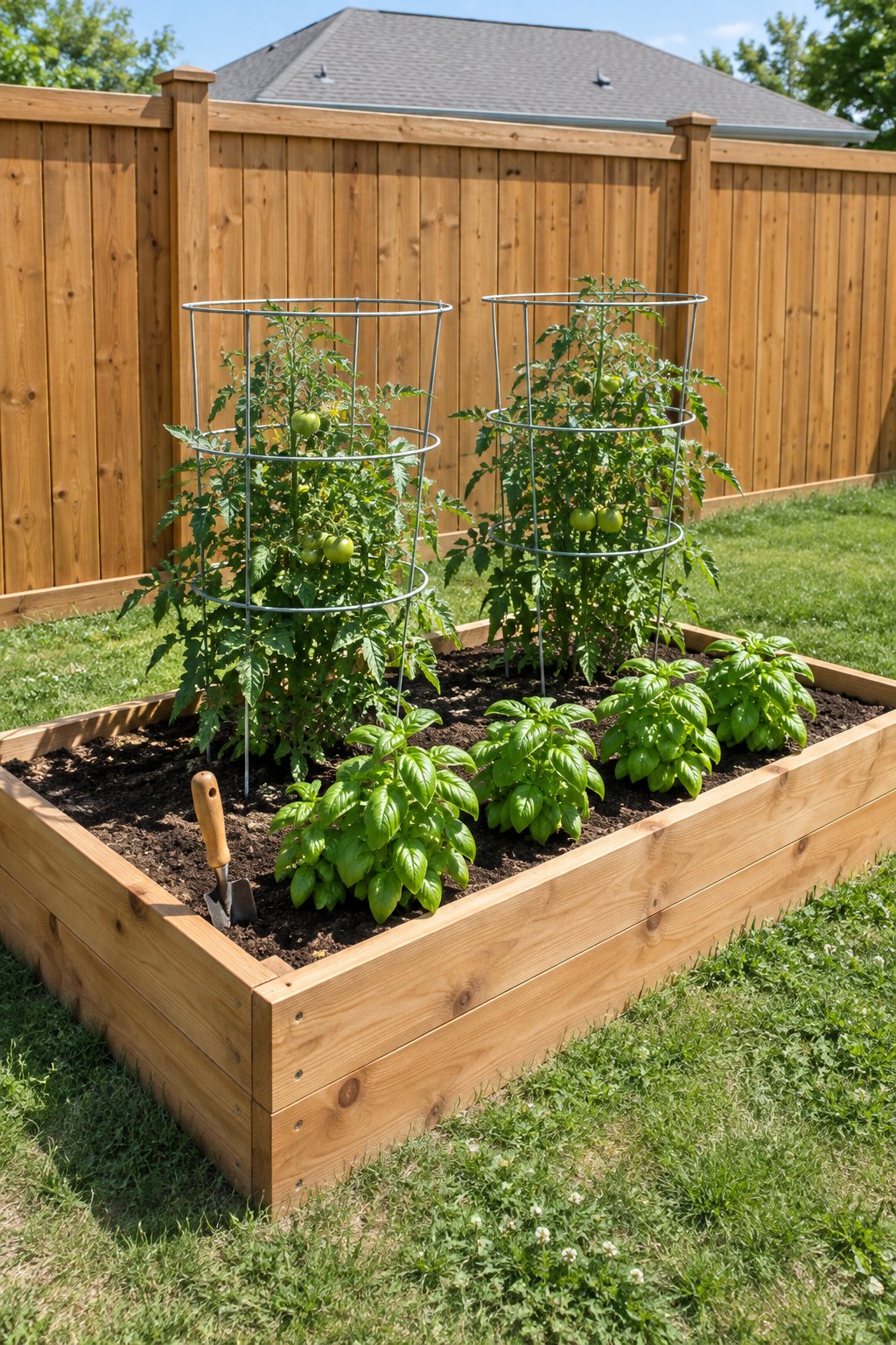 Companion planting chart pairing, caged tomato plants with basil growing beside them in one raised bed in a sunny backyard