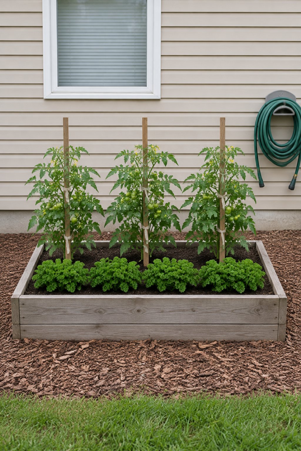 Companion planting vegetables, a row of curly parsley edging a raised bed of staked tomato plants beside a house wall
