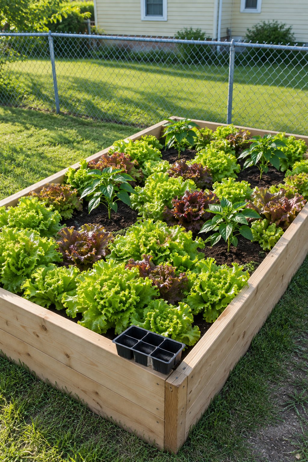 Companion planting layout, young pepper plants set into gaps between leaf lettuce in one raised bed