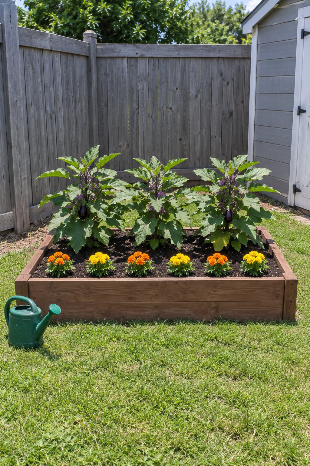 Companion planting guide pairing, eggplant with a row of orange marigolds along the front of a raised bed