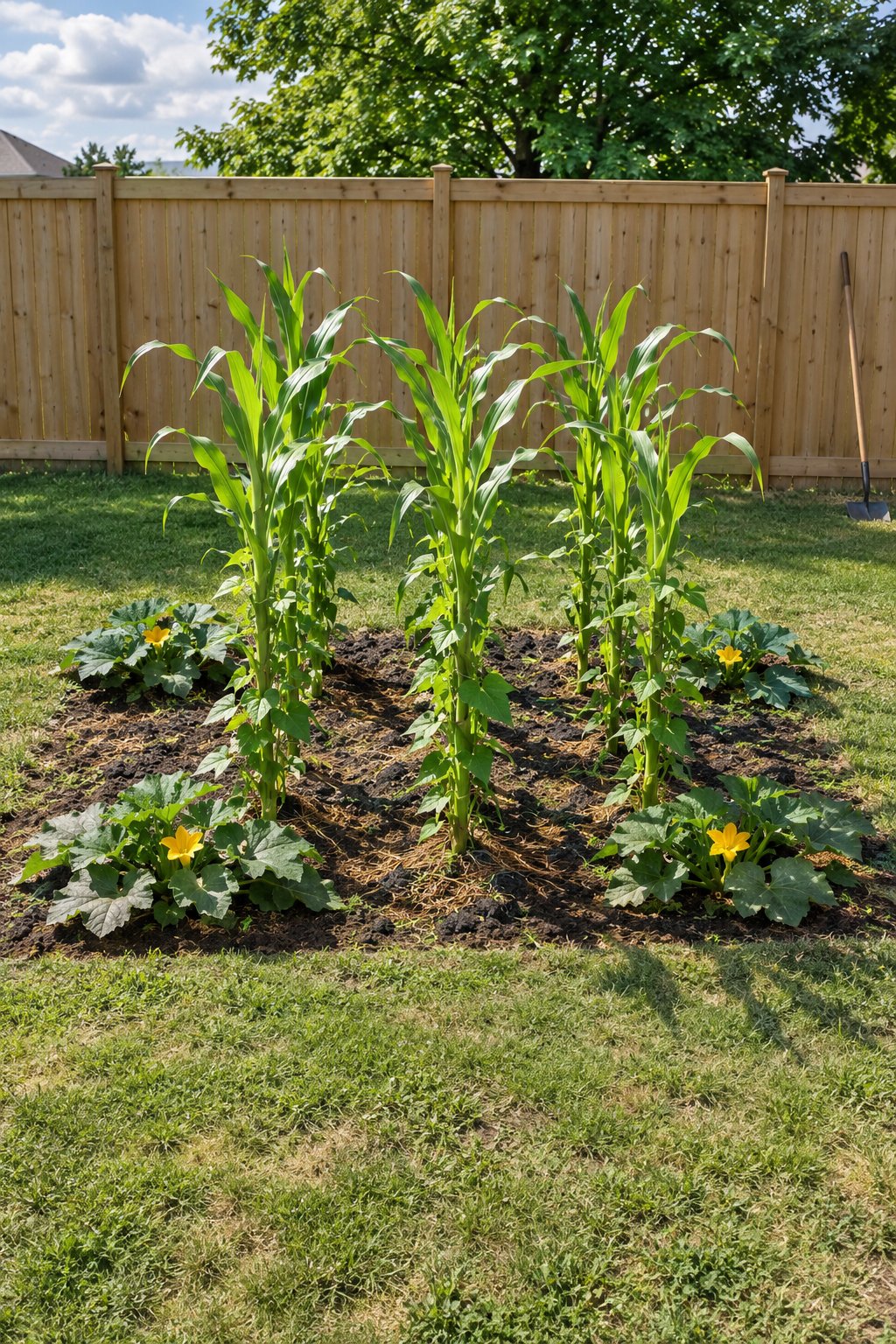 Three Sisters companion planting, young corn stalks with pole beans starting to climb them and squash plants spreading at their feet in a backyard plot