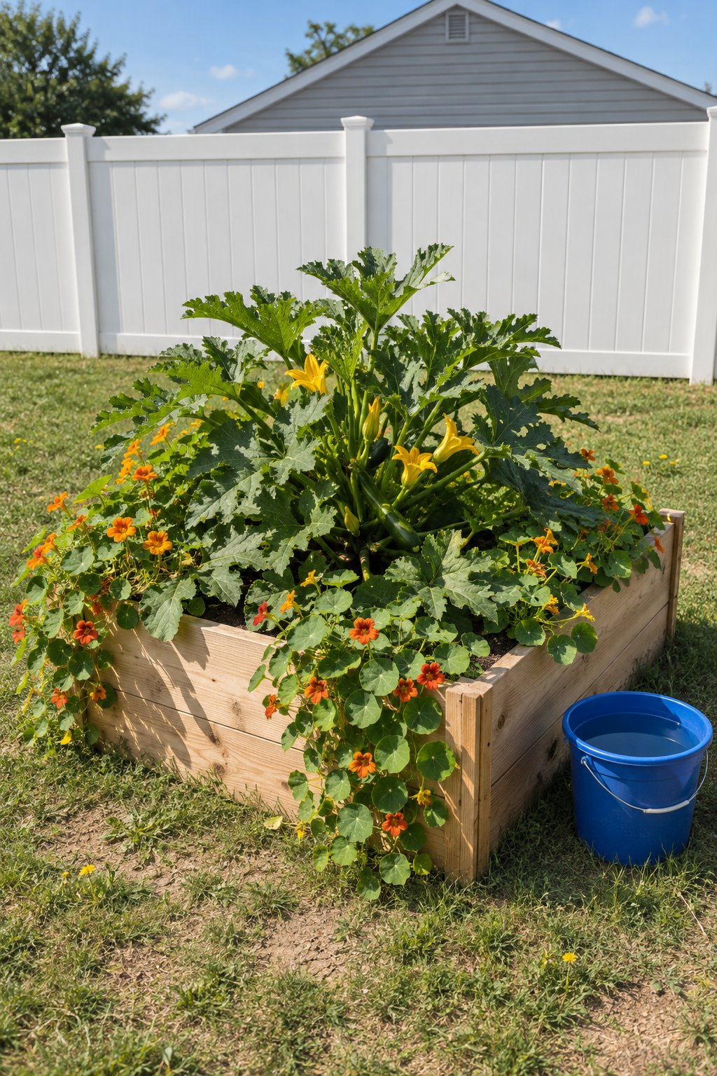 Companion planting vegetables, one zucchini plant in the middle of a raised bed with nasturtiums trailing over the edges