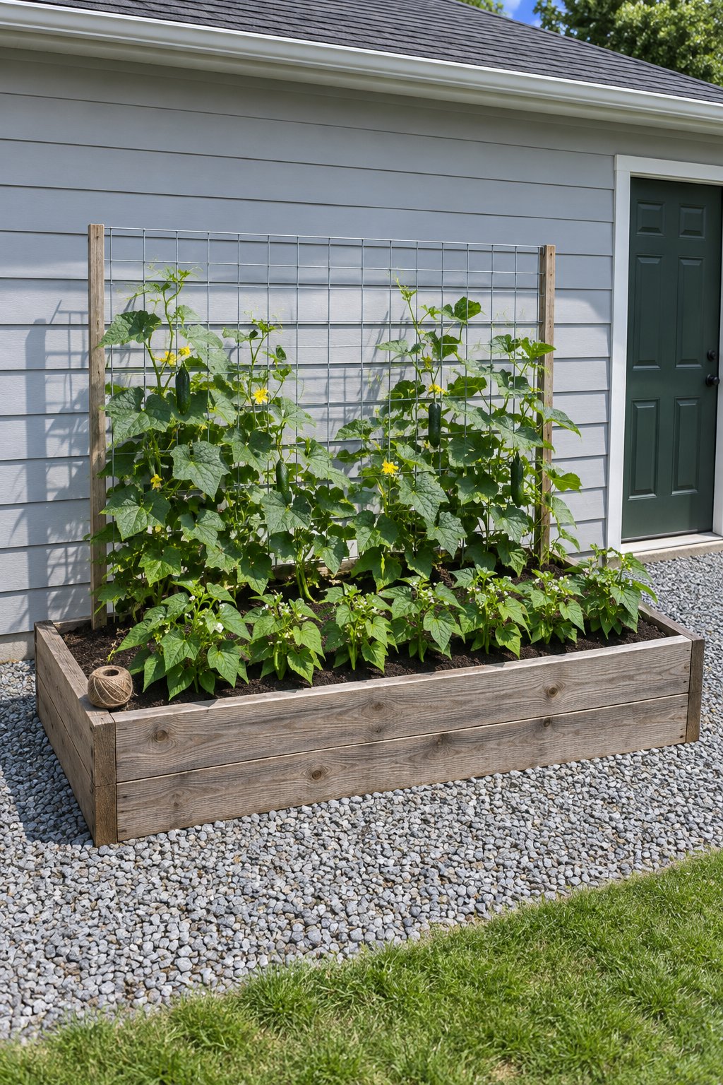 Companion planting chart raised beds example, cucumbers climbing a trellis at the back of a raised bed with a row of bush beans in front