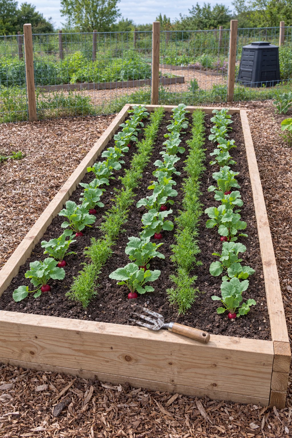 Companion planting layout, neighboring rows of feathery carrot tops and radishes in a raised bed in spring