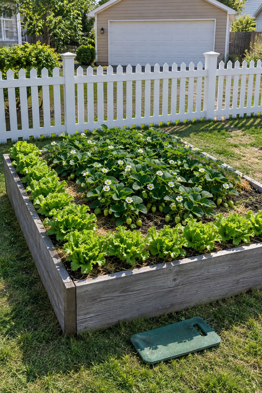 Companion planting guide pairing, a strawberry bed with a border of leaf lettuce along the edge in a backyard