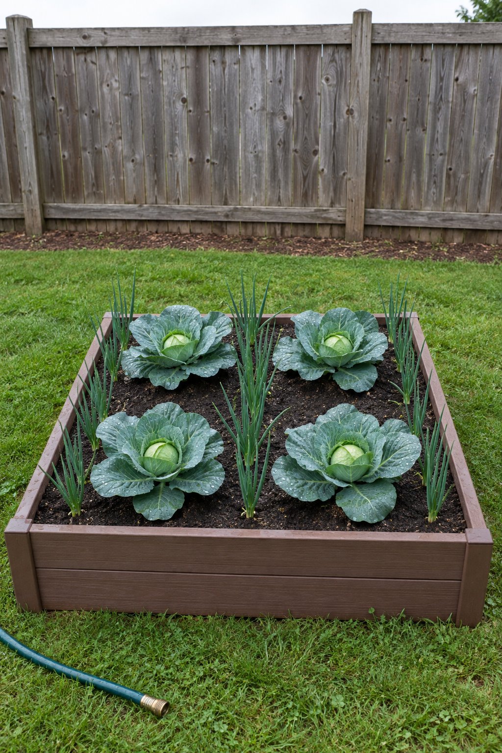 Vegetable companion planting chart pairing, young cabbages with onions growing between them in a raised bed