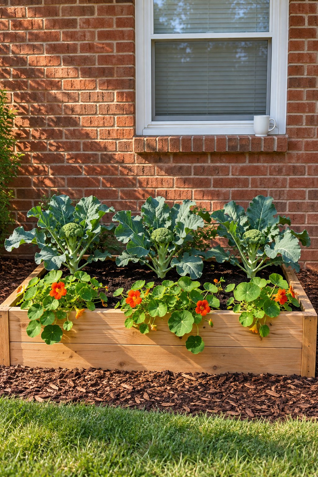 Companion planting vegetables, broccoli plants with nasturtiums trailing along the front edge of a raised bed