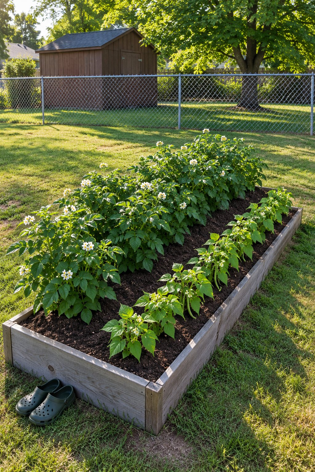 Companion planting chart pairing, potato plants with a row of bush beans along the sunny edge of one garden bed