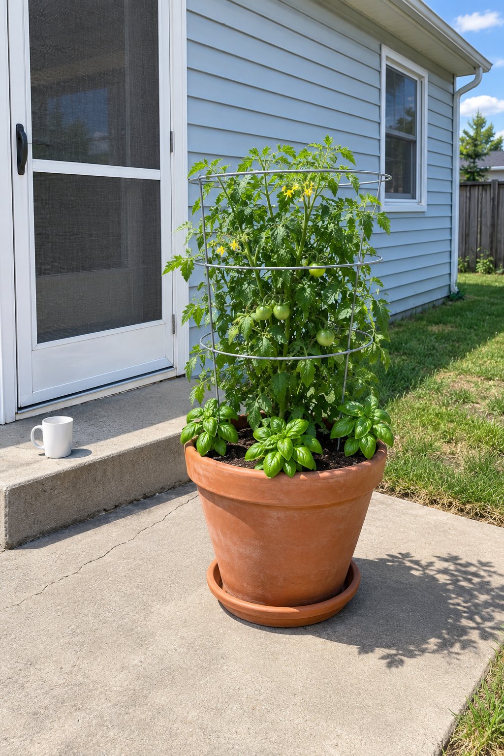 Container gardening vegetables on a patio, one large terracotta pot with a caged compact tomato and basil by the back door of an American house