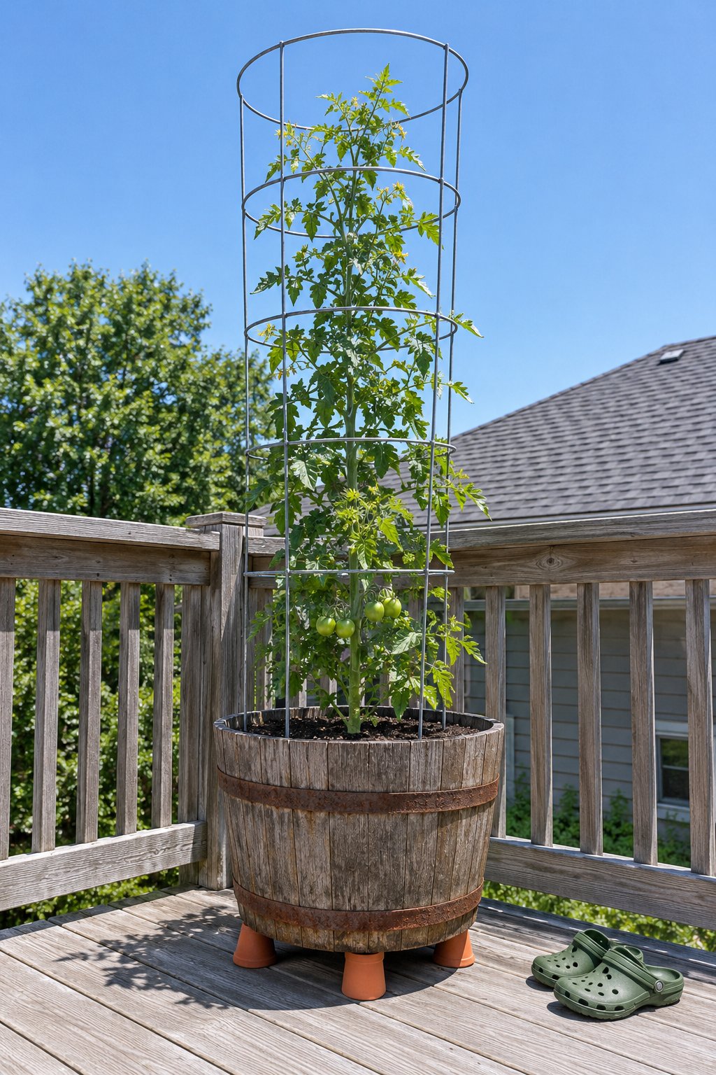 Tomato container gardening on a deck, one indeterminate tomato in a tall wire cage growing in a wooden half barrel in a sunny corner