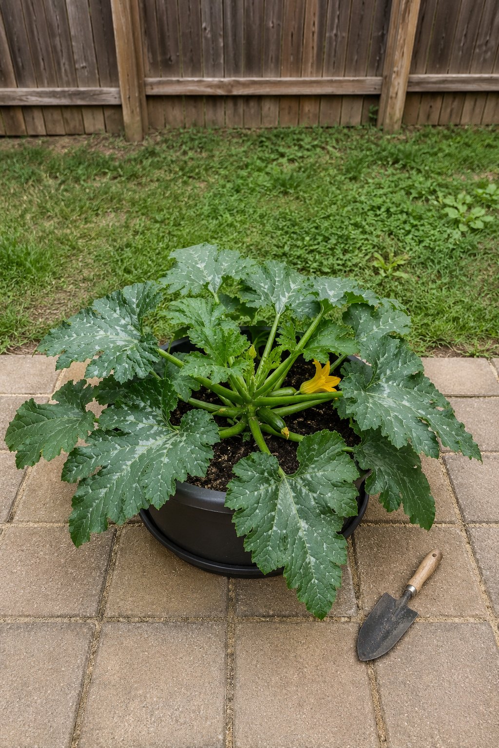 Vegetables in pots on a paver patio, one bush zucchini with broad leaves and yellow flowers in a wide charcoal tub beside a wooden fence