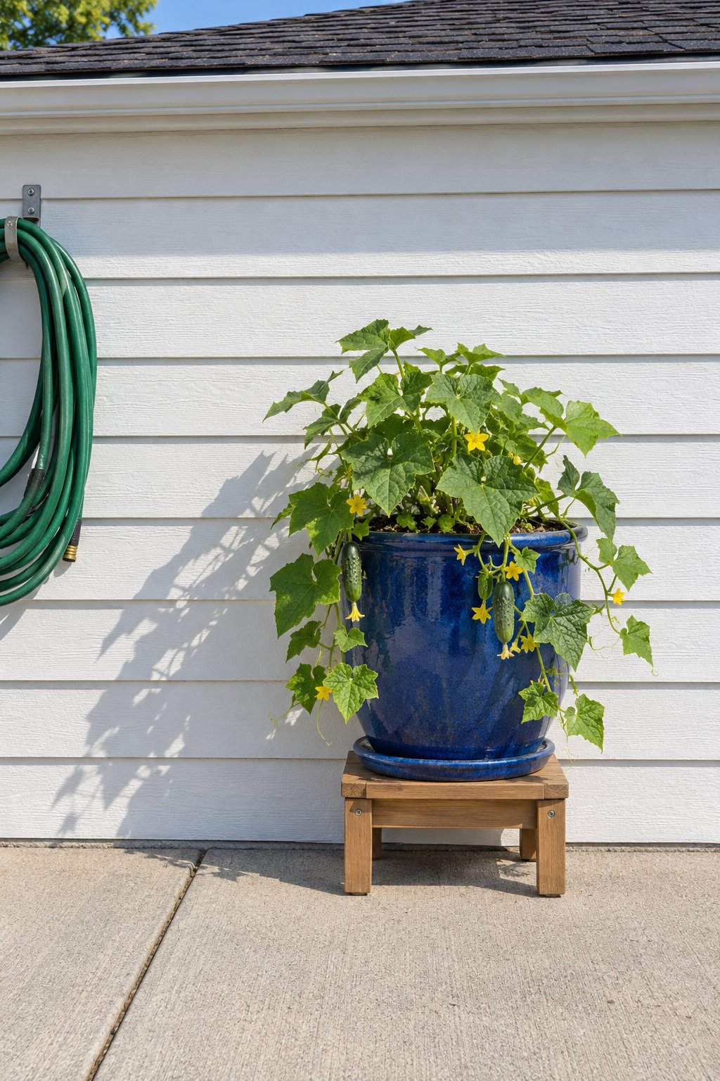 Patio container gardening with one bush cucumber trailing over a blue glazed pot on a low wooden stand beside a white garage wall