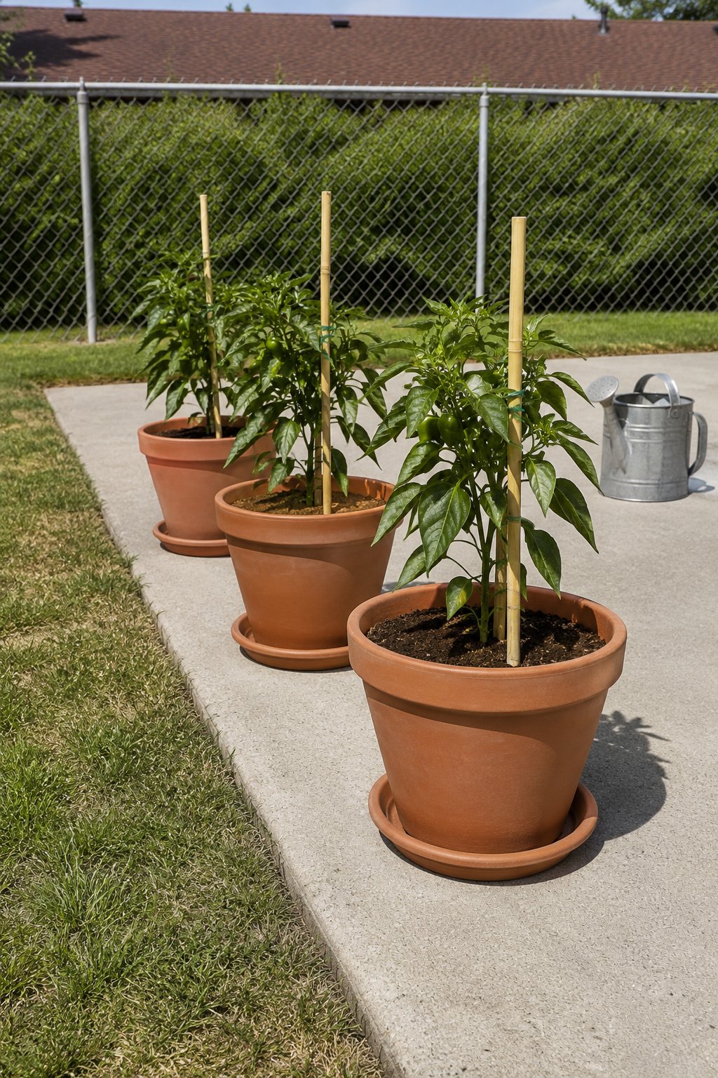 Patio container gardening, three matching terracotta pots each with one staked pepper plant in a row along a sunny concrete slab