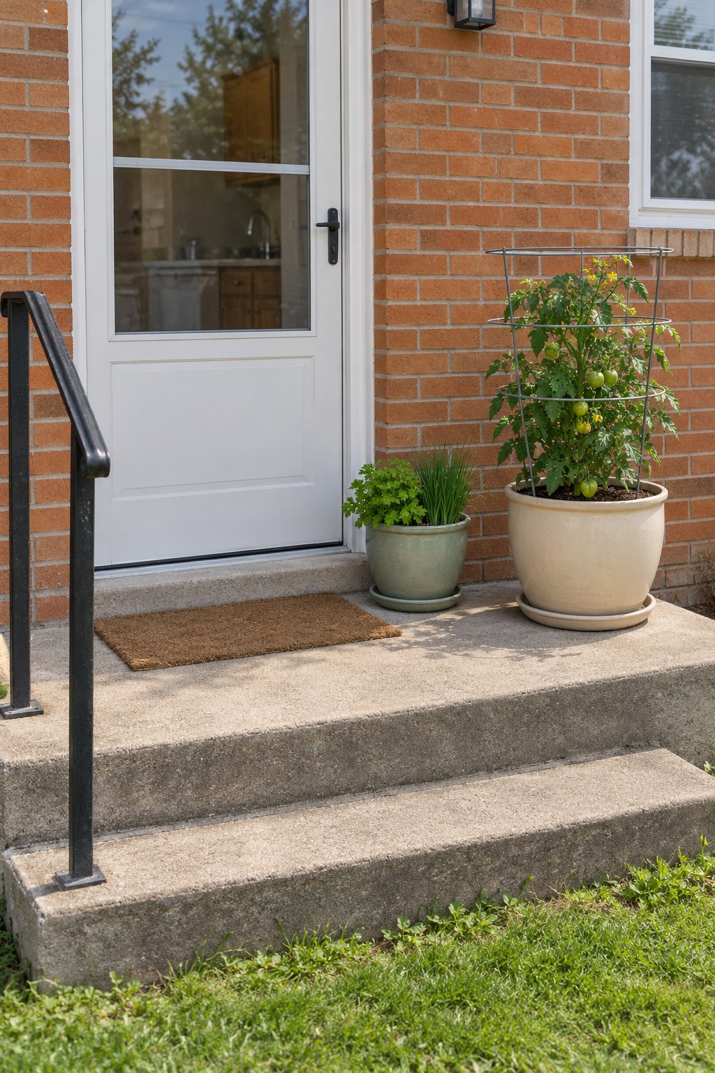 Easy container gardening vegetables by a kitchen door, a caged compact tomato in a large pot beside a smaller pot of parsley and chives