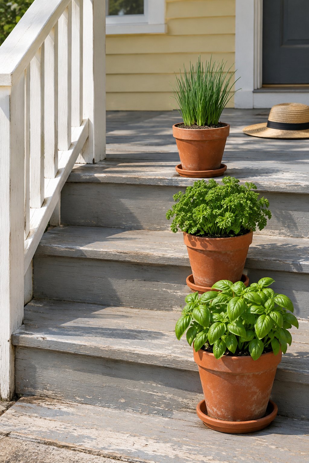 Container gardening for beginners, three terracotta pots of basil, parsley and chives on the sunny wooden steps of an American bungalow porch