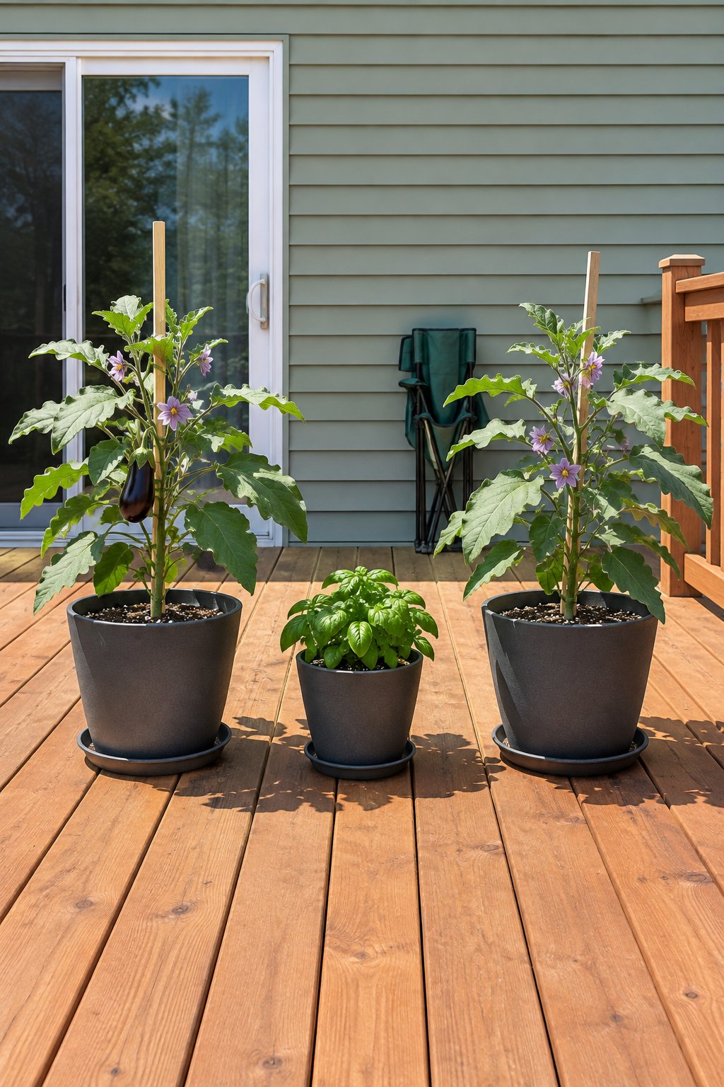 Vegetable container gardening on a deck, two staked eggplants in large gray pots with a smaller pot of basil between them