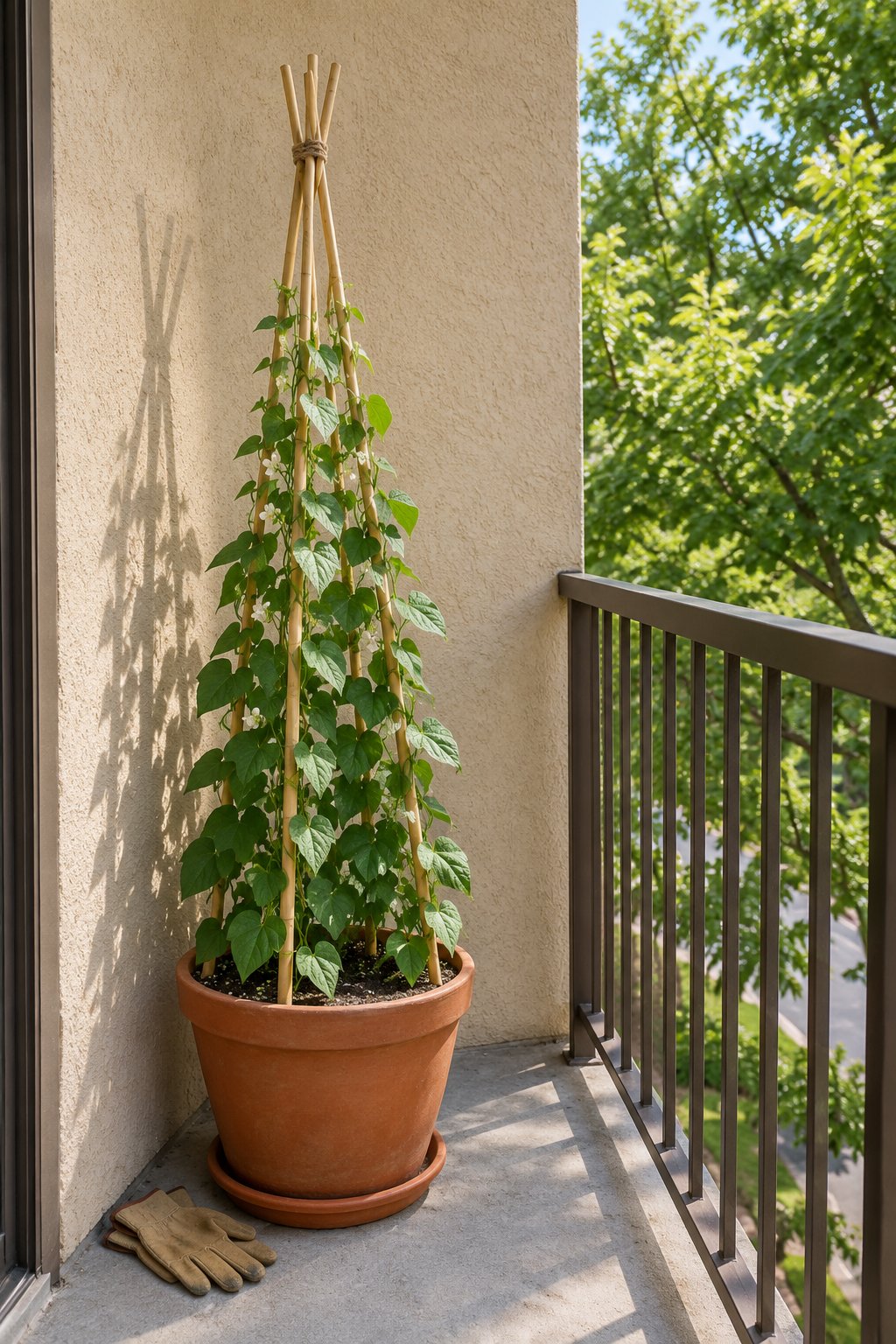 Balcony vegetable garden with pole beans climbing a four-cane bamboo teepee in one large pot against an apartment wall