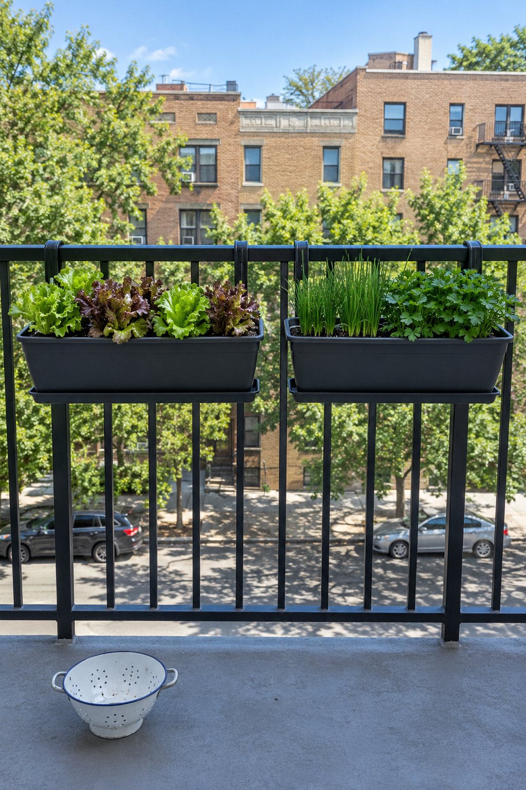 Balcony vegetable garden with two railing boxes in fitted brackets, one of lettuce and one of chives and parsley, on an apartment balcony