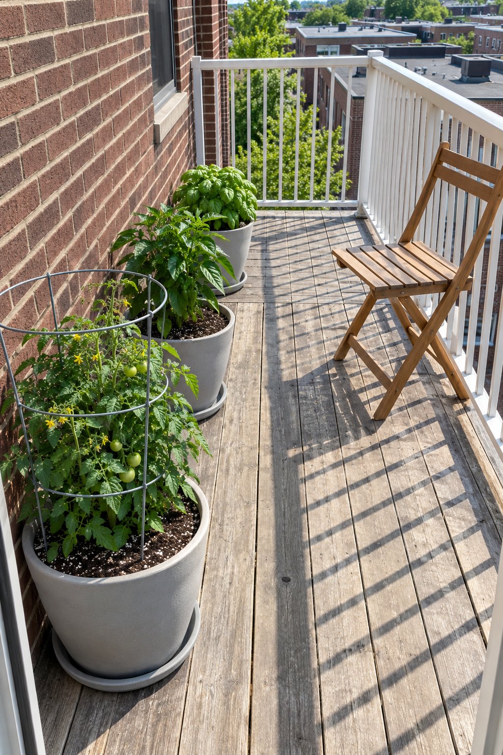 Balcony vegetable garden, a caged compact tomato, a pepper and basil in three gray pots along a brick apartment wall with one folding chair