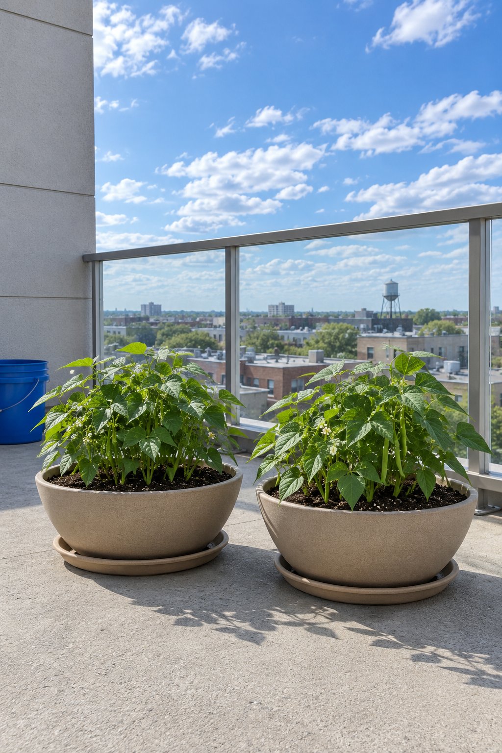 Vegetables in pots on a high apartment balcony, bush beans growing in two wide low bowl planters on saucers below the railing