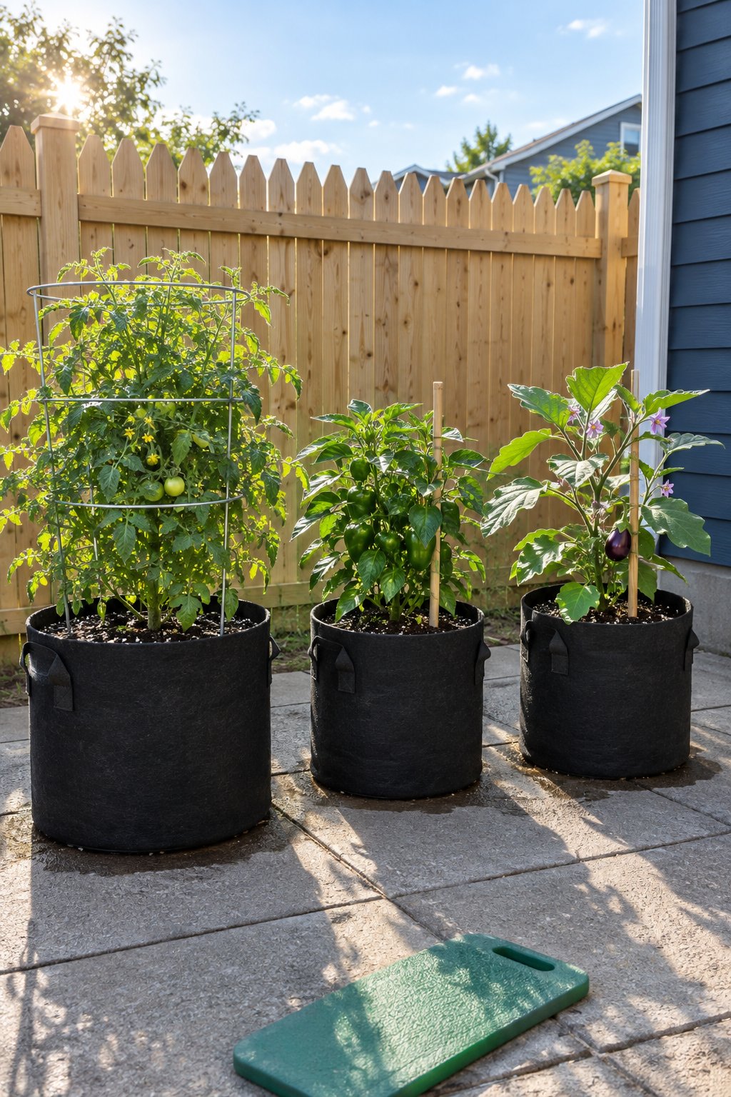 Container gardening vegetables in three black fabric grow bags, a caged compact tomato, a pepper and an eggplant on a rental patio