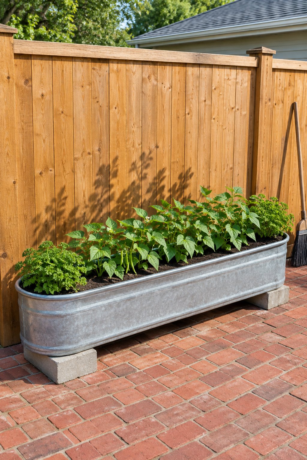 Vegetable container gardening in one long galvanized trough, a row of bush beans with parsley at each end along a cedar patio fence