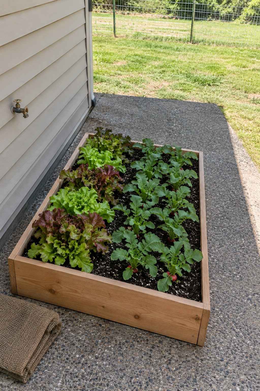 Easy container gardening vegetables, lettuce and radishes in one wide shallow cedar trough on the shaded east side of an American patio