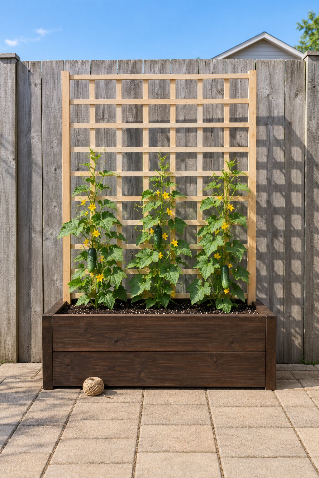 Patio container gardening with vining cucumbers climbing a wooden trellis panel set in one deep trough against a backyard fence