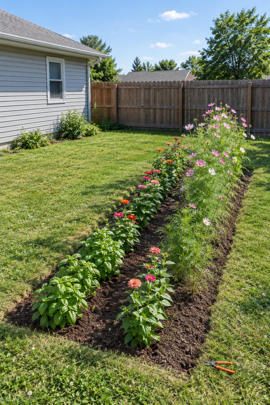 Small cut flower garden layout, one lawn bed with three long rows of cosmos, zinnias and basil in an American backyard