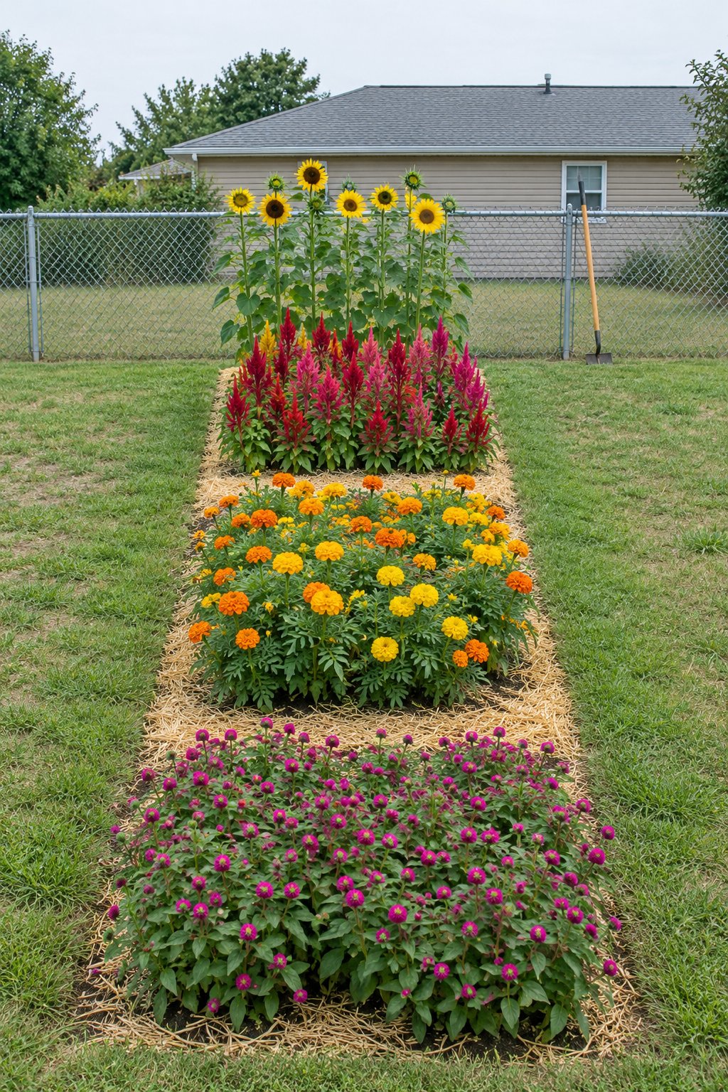 Cut flower garden layout for a small bed, four blocks of sunflowers, celosia, marigolds and gomphrena stepping down in height in an American backyard