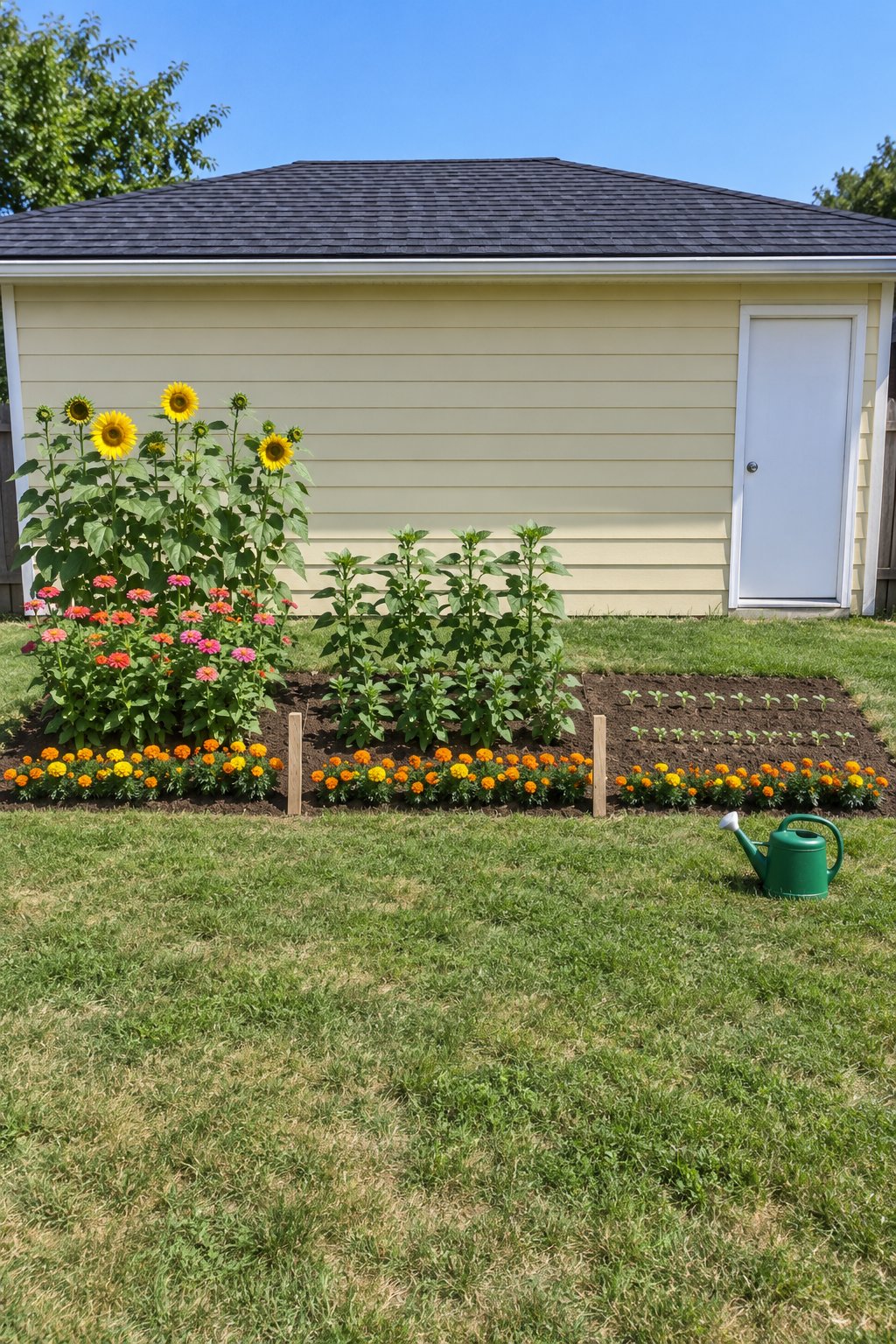 Cut flower garden for beginners, one bed in three sections sown at different times with sunflowers, zinnias and a marigold edge in an American backyard