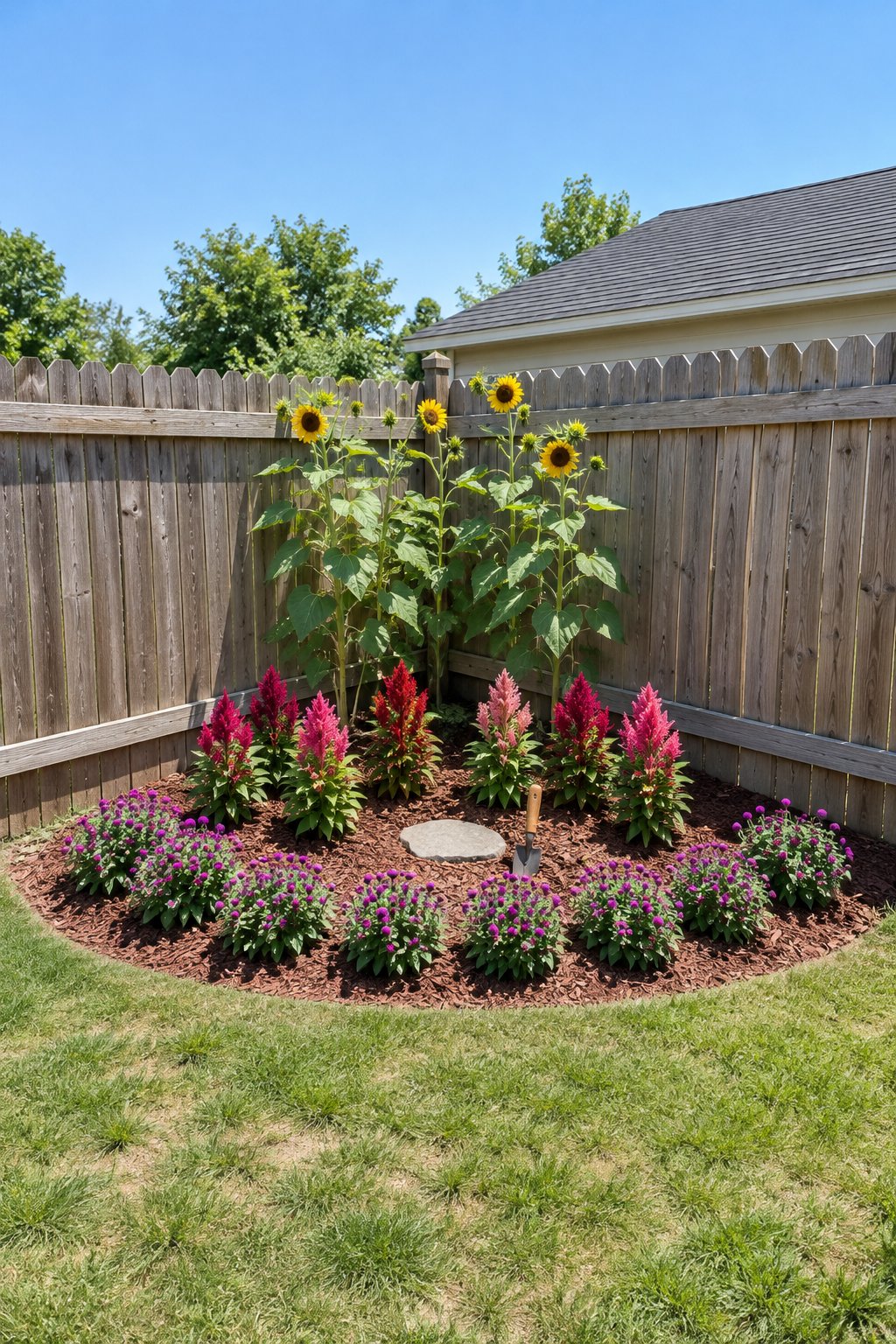 Small cut flower garden layout in a fence corner, a quarter-circle bed with arcs of sunflowers, celosia and gomphrena in an American backyard