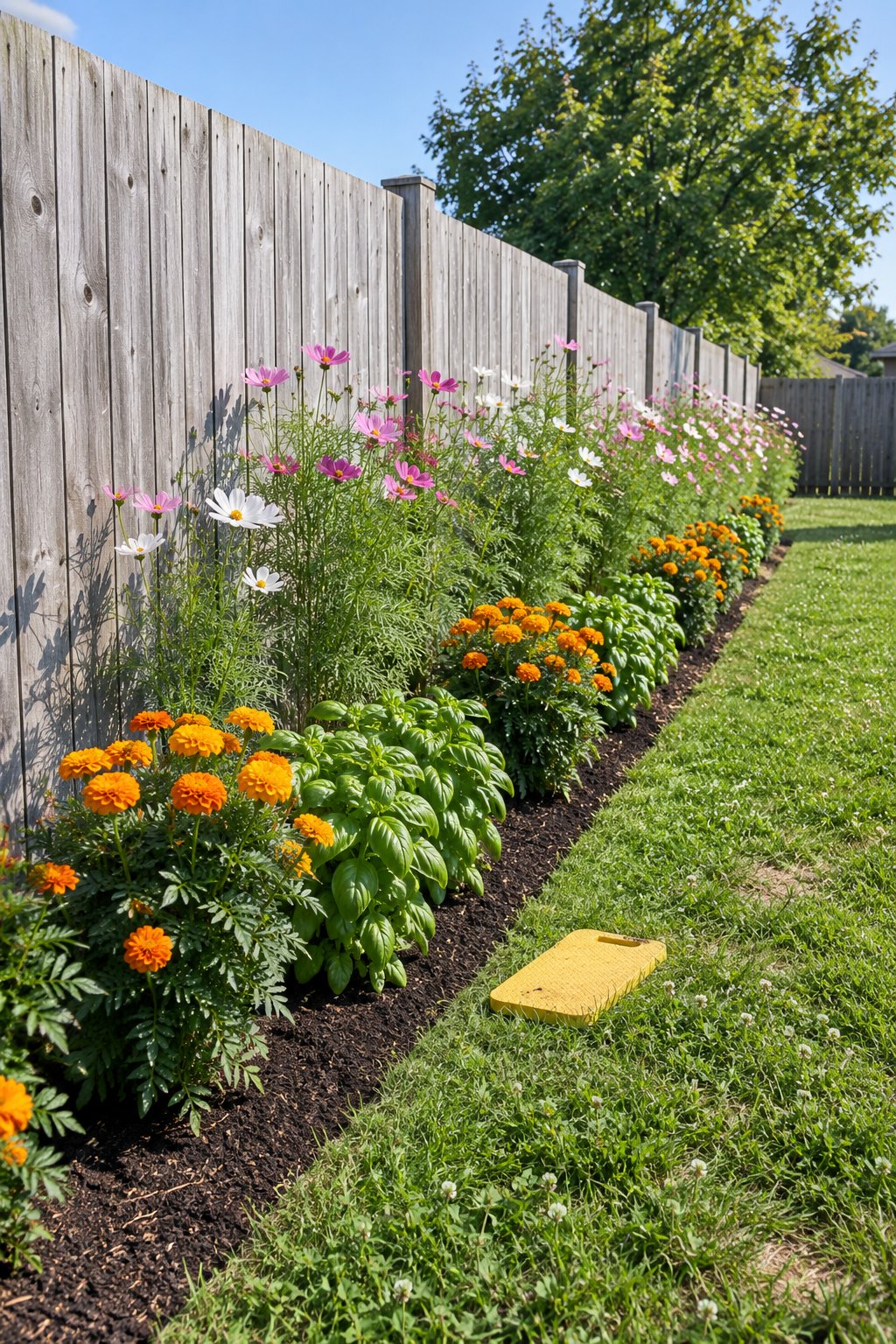 Cut flower garden layout along a fence, a narrow border with a back row of cosmos and a front row of marigolds and basil in an American backyard