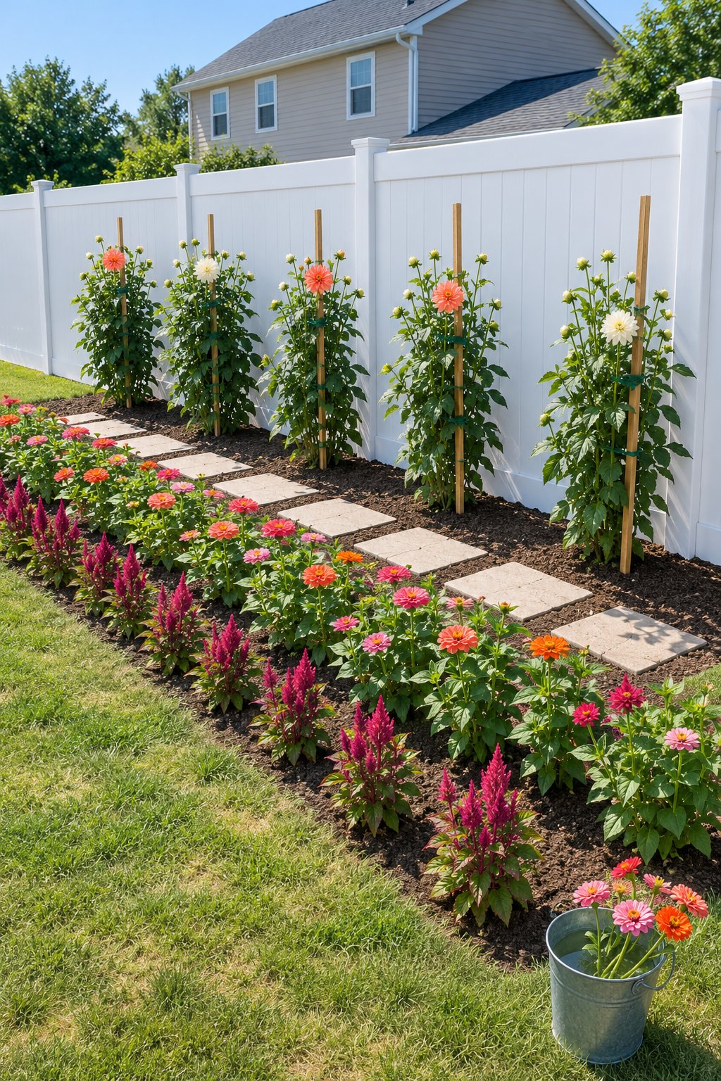 Backyard cut flower garden border three rows deep with staked dahlias, zinnias, celosia and a line of stepping stones along a fence