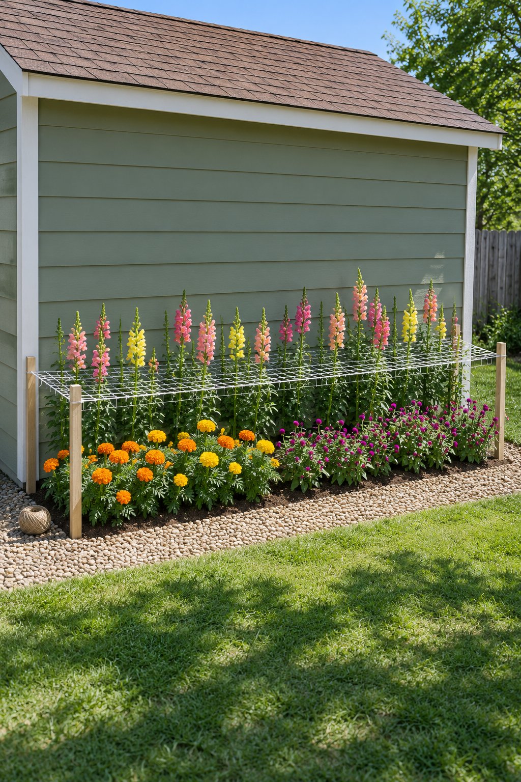 Cut flower garden ideas for a wall, snapdragons growing through horizontal support netting with marigolds and gomphrena in front of a backyard shed