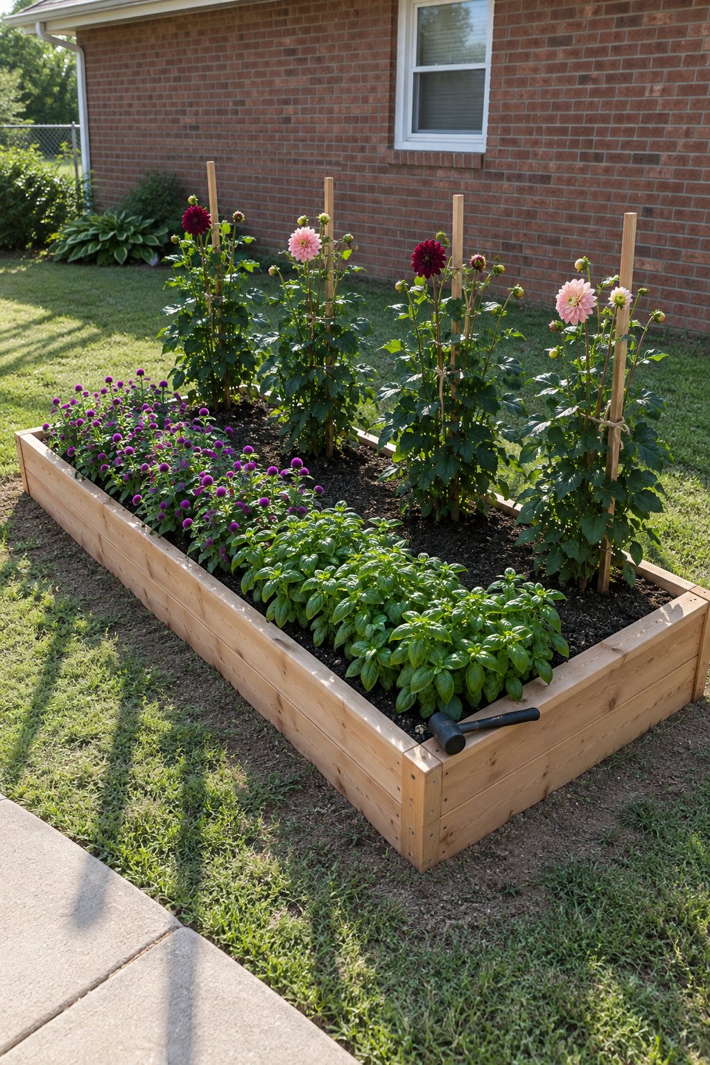 Cut flower garden layout raised beds, one cedar raised bed with a row of staked dahlias and a low row of gomphrena and basil in an American backyard