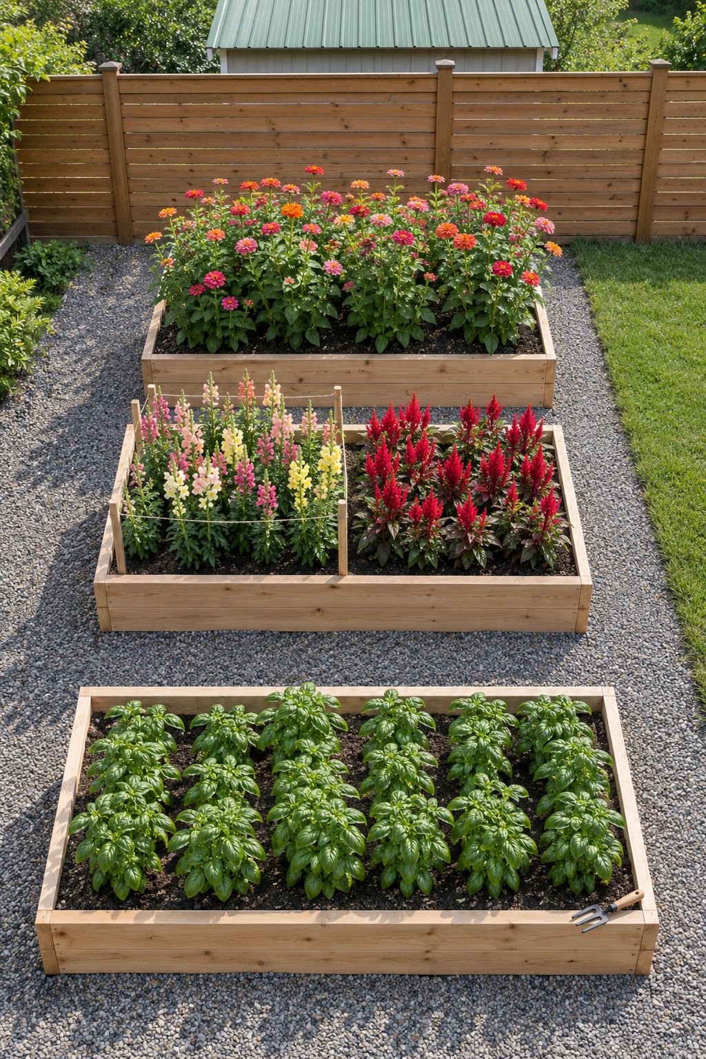 Cut flower garden layout raised beds, three raised beds of zinnias, snapdragons with celosia, and basil with gravel paths in an American backyard