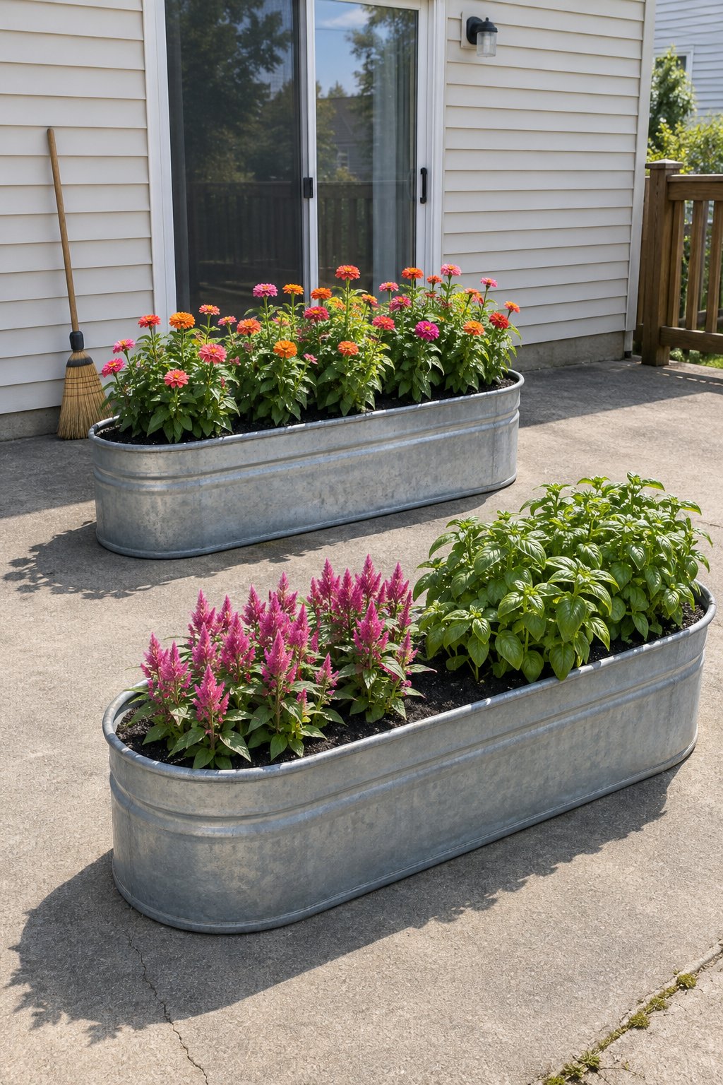 Small cut flower garden layout for renters, two metal troughs of zinnias, celosia and basil on a concrete patio slab behind a townhouse