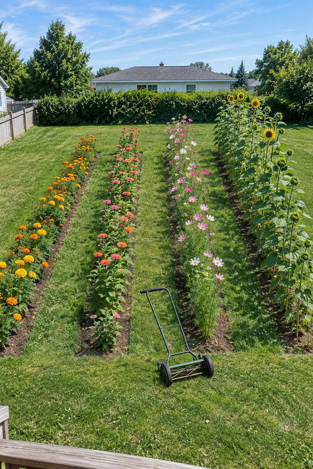 Backyard cut flower garden with four long rows of sunflowers, cosmos, zinnias and marigolds divided by mown grass paths