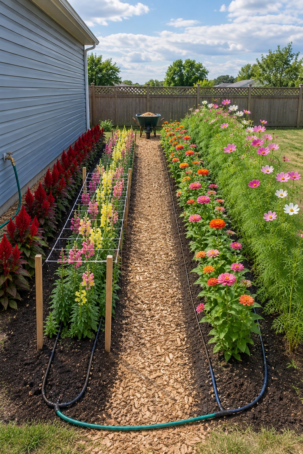 Cut flower garden layout with two long beds of cosmos, zinnias, snapdragons and celosia, soaker hoses on each row and a mulched path in an American backyard