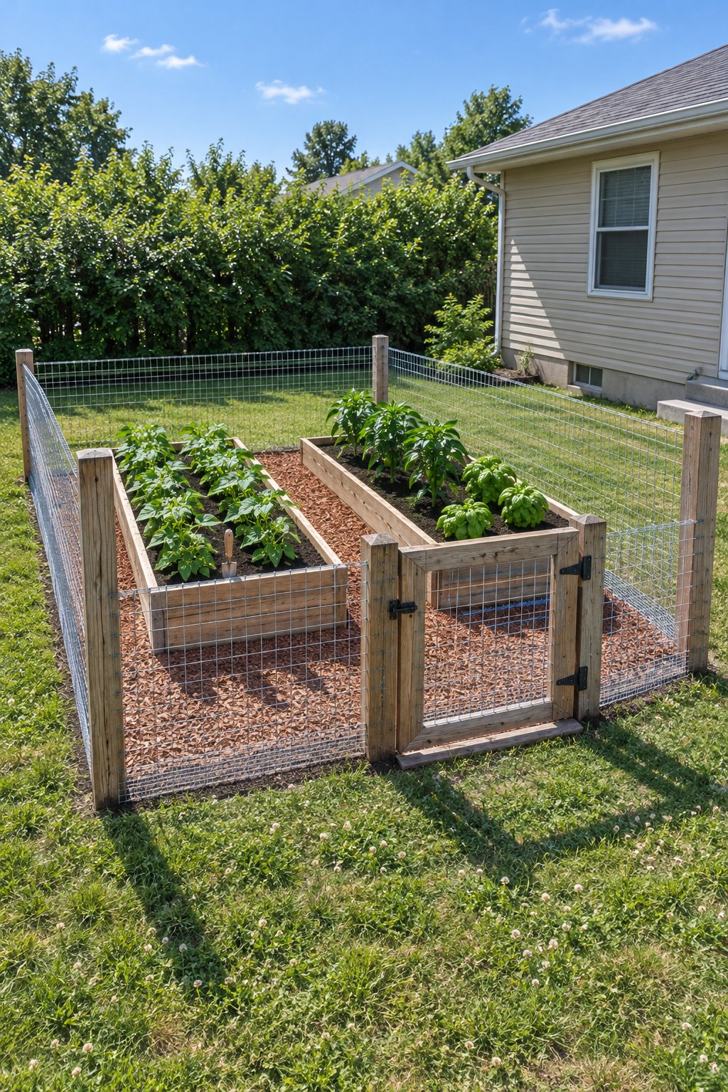 Fenced vegetable garden with two wooden raised beds of bush beans, peppers and basil inside a wire mesh fence on cedar posts with a framed mesh gate