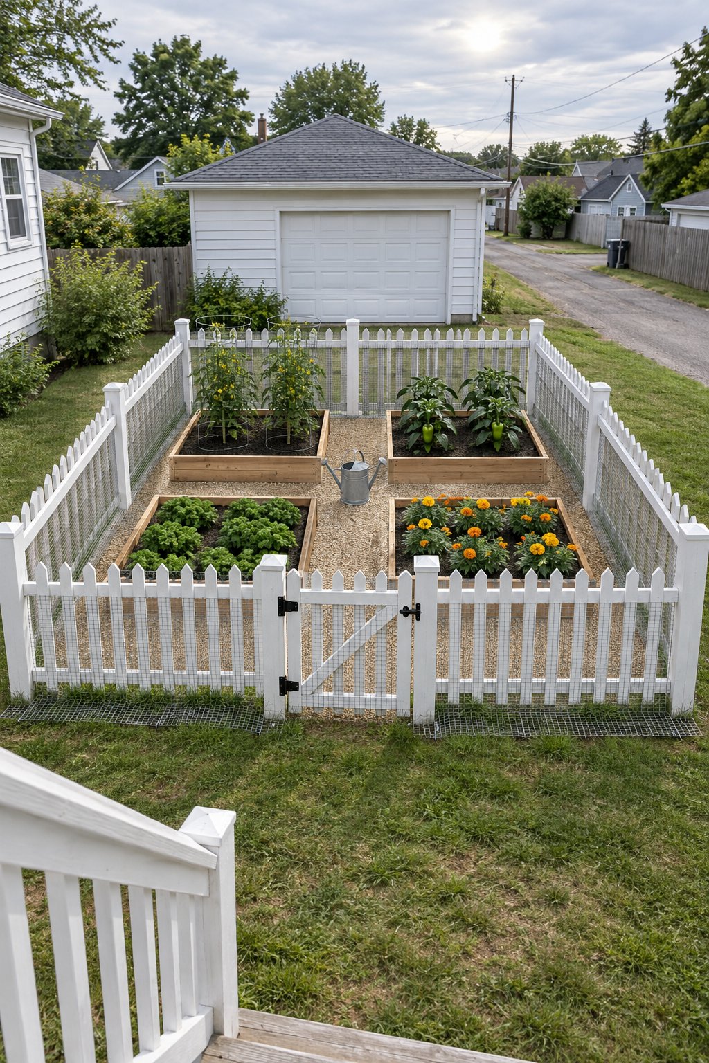 Enclosed vegetable garden with four raised beds of tomatoes, peppers, parsley and marigolds inside a white picket fence lined with wire mesh, picket gate facing the house