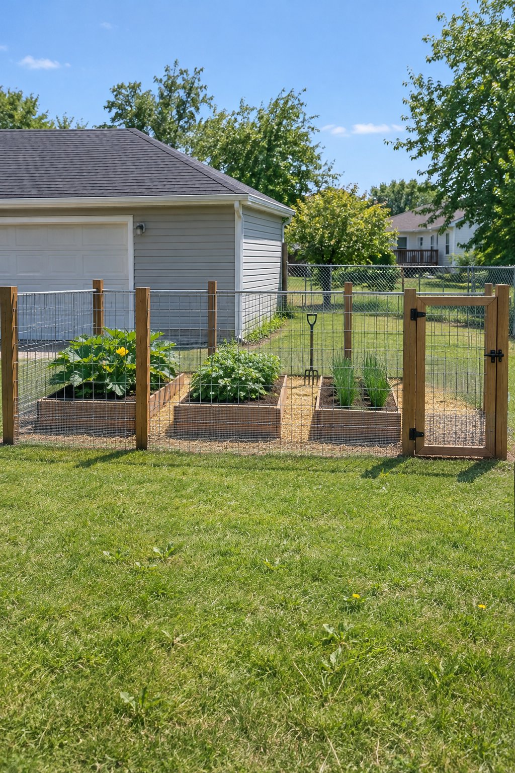 Fenced garden with raised beds, three beds of zucchini, bush beans and chives inside rigid wire stock panels fixed between timber posts, with a hinged panel gate
